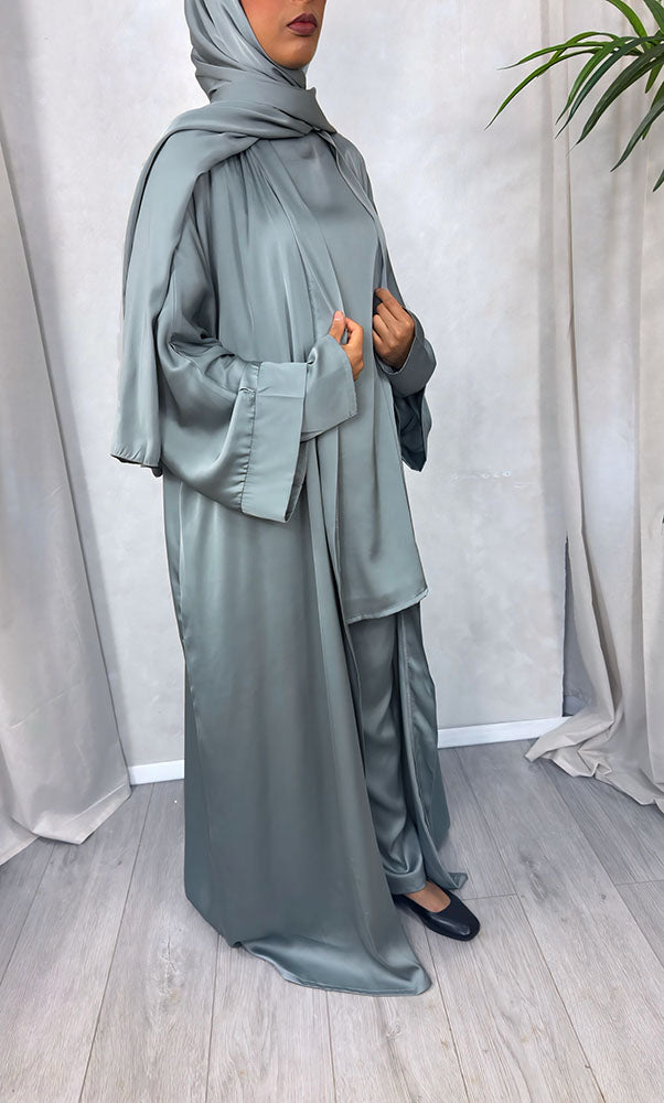 Dark sage abaya set showing the open jacket and trousers