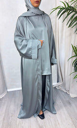 Dark sage Armani satin 4-piece abaya trouser set, front view