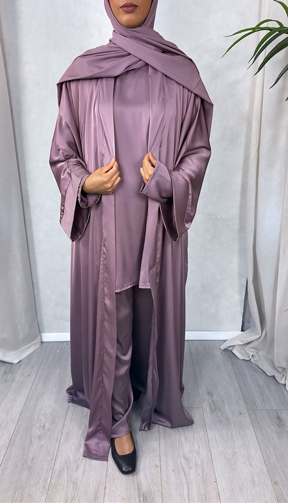 Opera mauve satin abaya set detail with long-sleeve top
