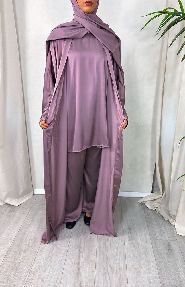 Opera mauve 4-piece abaya set with matching scarf
