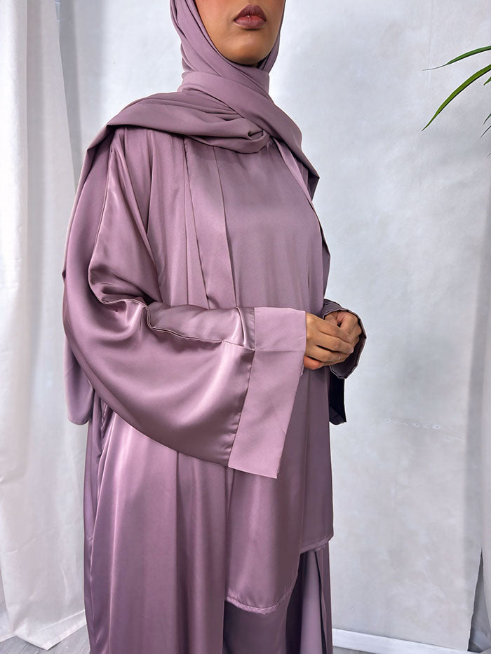 Opera mauve Armani satin 4-piece abaya trouser set, front view