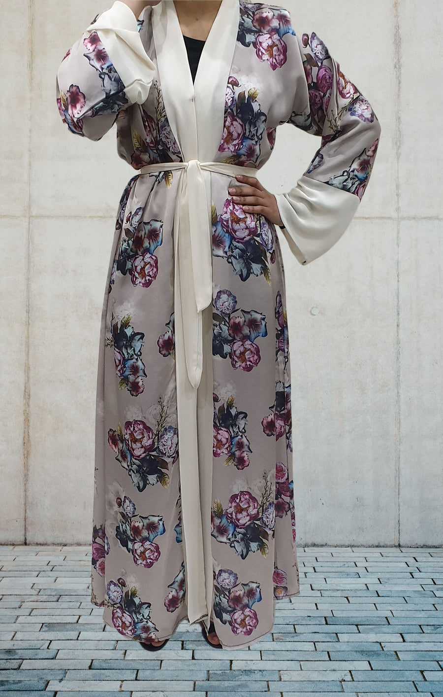 Taupe floral satin open abaya with matching hijab and belt