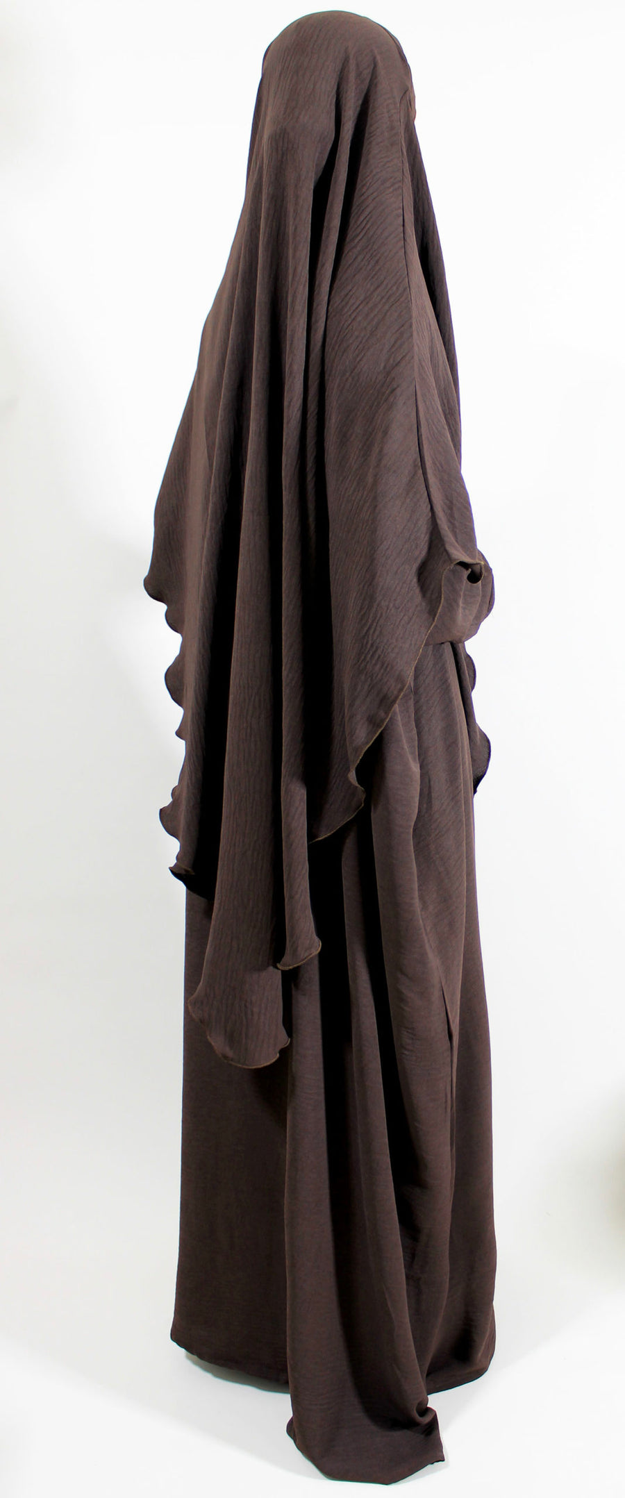 Brown diamond-shaped khimar showing full chest coverage
