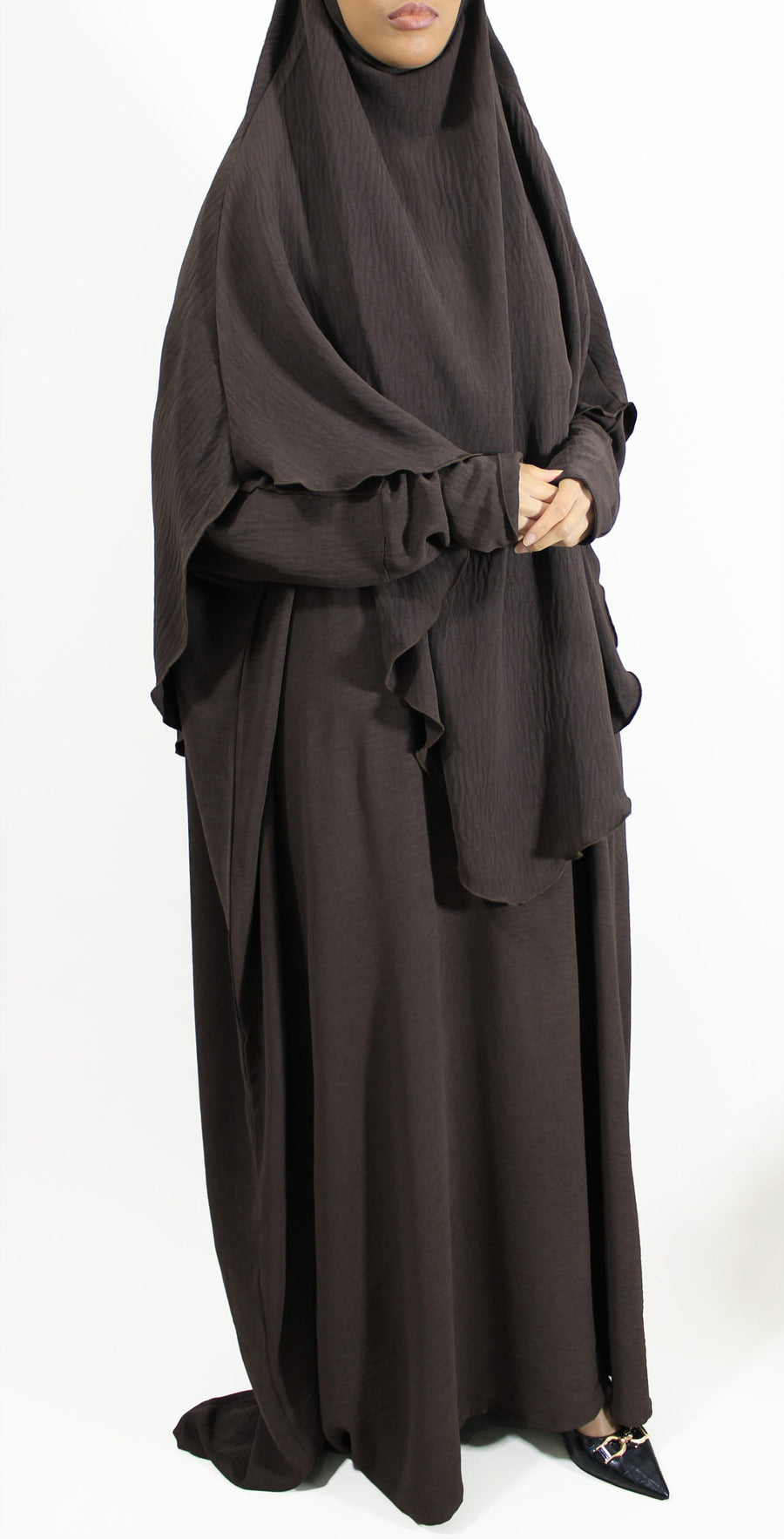 Brown abaya and khimar set, front view