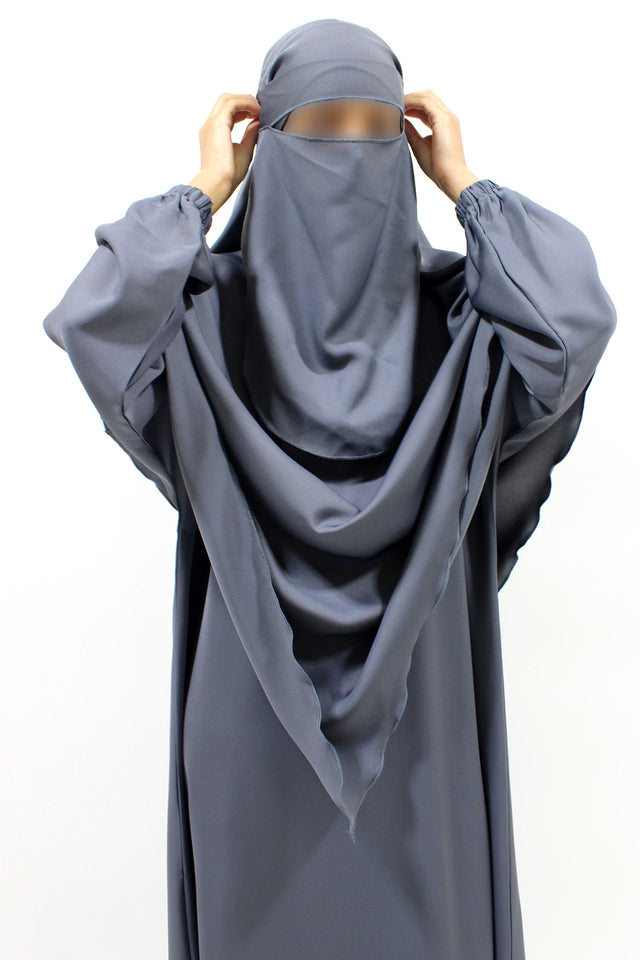 Grey abaya, khimar and niqab set, front view