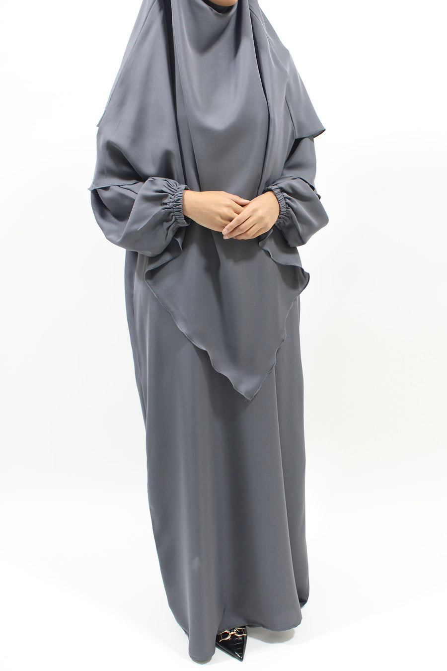 Grey diamond-shaped khimar showing full coverage