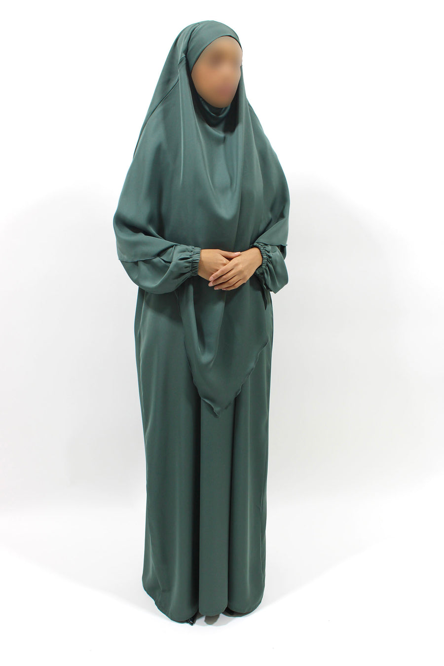 Pine green abaya, khimar and niqab set, front view