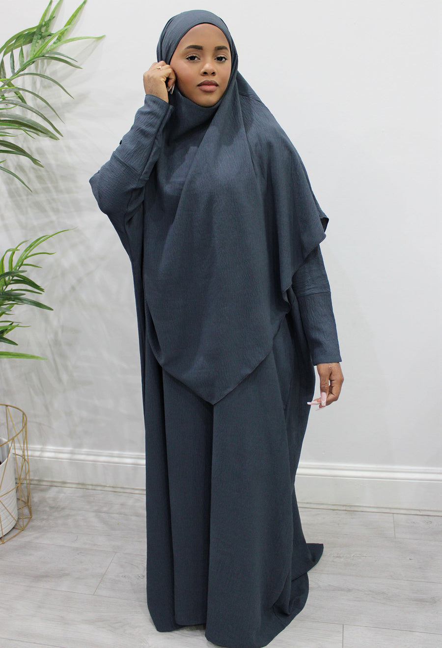 Anchor grey abaya and khimar set styled together