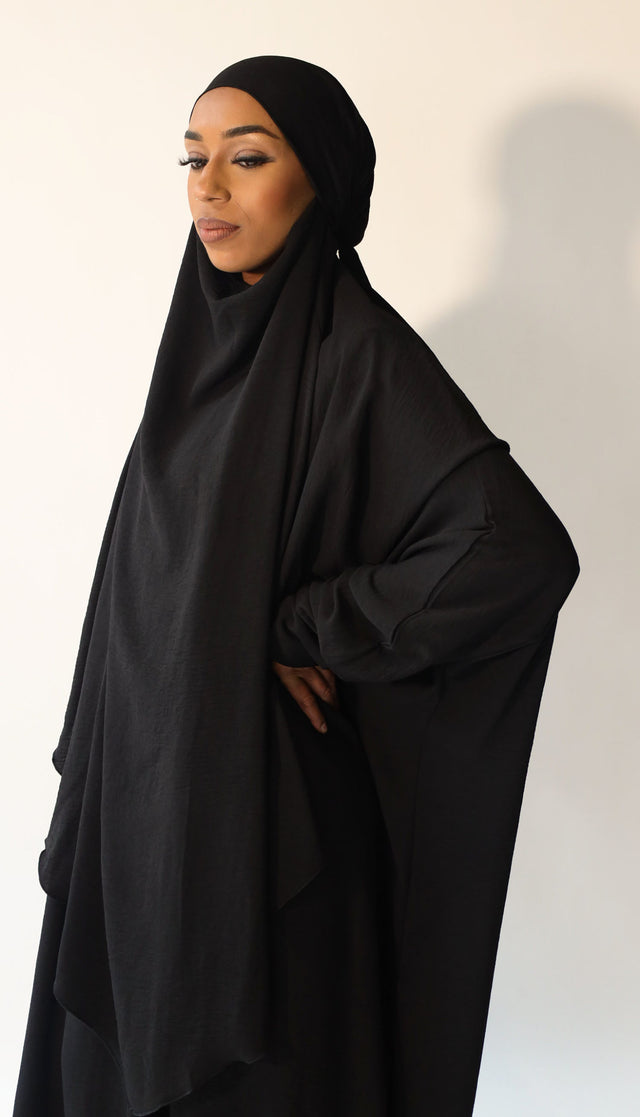 Black abaya and khimar set, front view