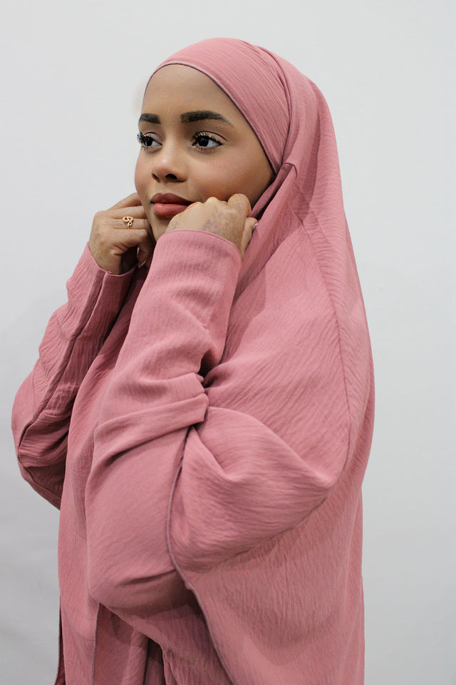 Coral abaya and khimar set, front view