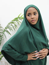 Forest green abaya and khimar set, front view