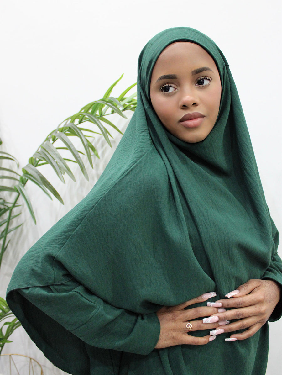 Forest green abaya and khimar set, front view