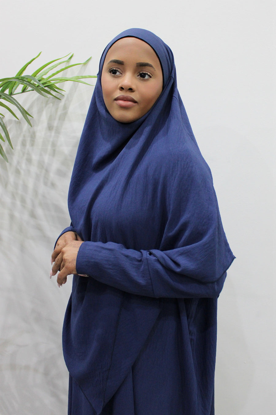 Navy abaya and khimar set, front view