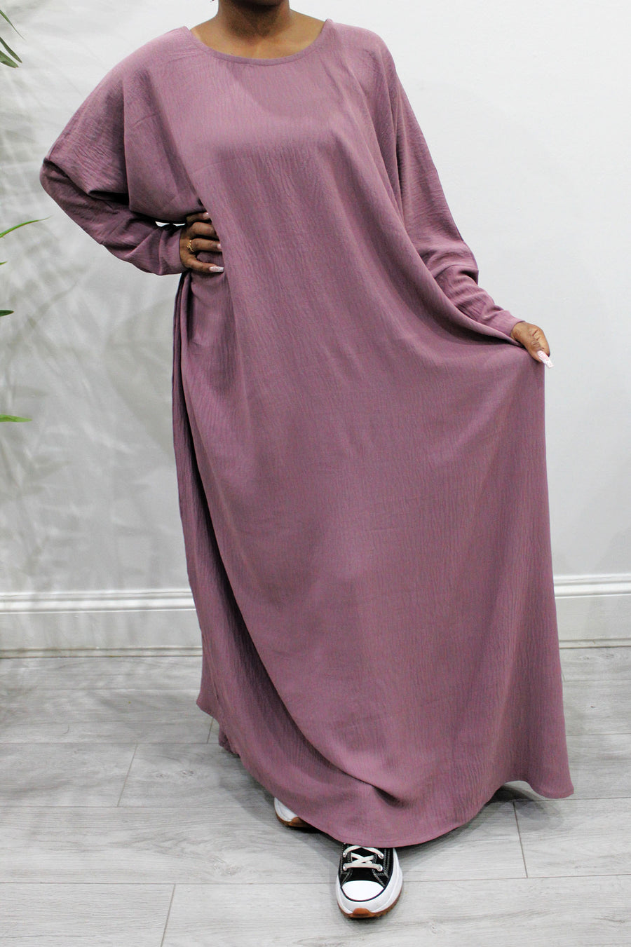 Opera mauve abaya and khimar set styled together