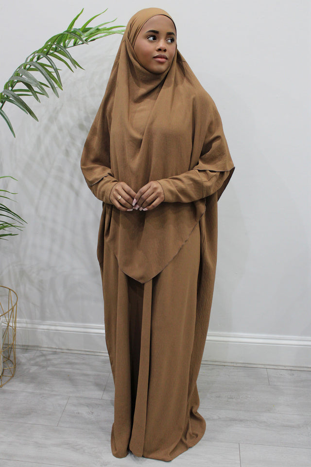 Toffee abaya and khimar set, front view