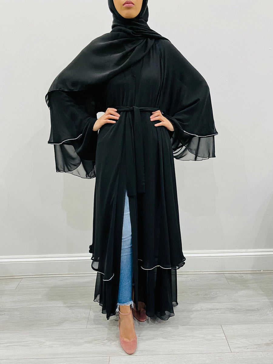 Black crystal chiffon abaya shown with its matching hijab