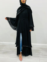 Amani's black chiffon open abaya with crystal embellishments, front view