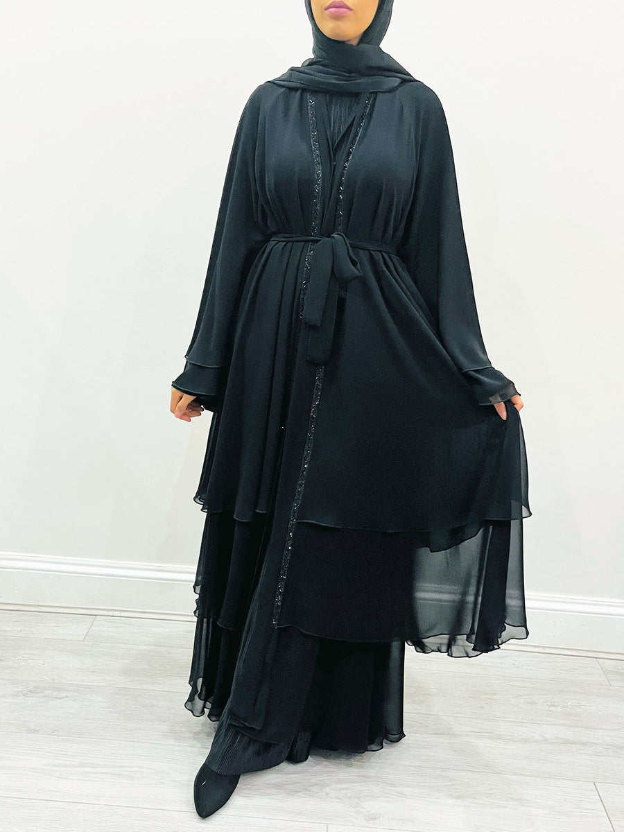 Black embellished chiffon abaya shown with its matching hijab