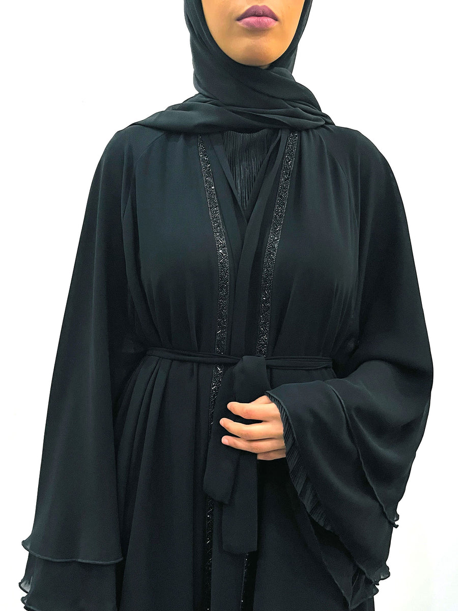 Amani's black layered chiffon open abaya with tonal embellishment, front view