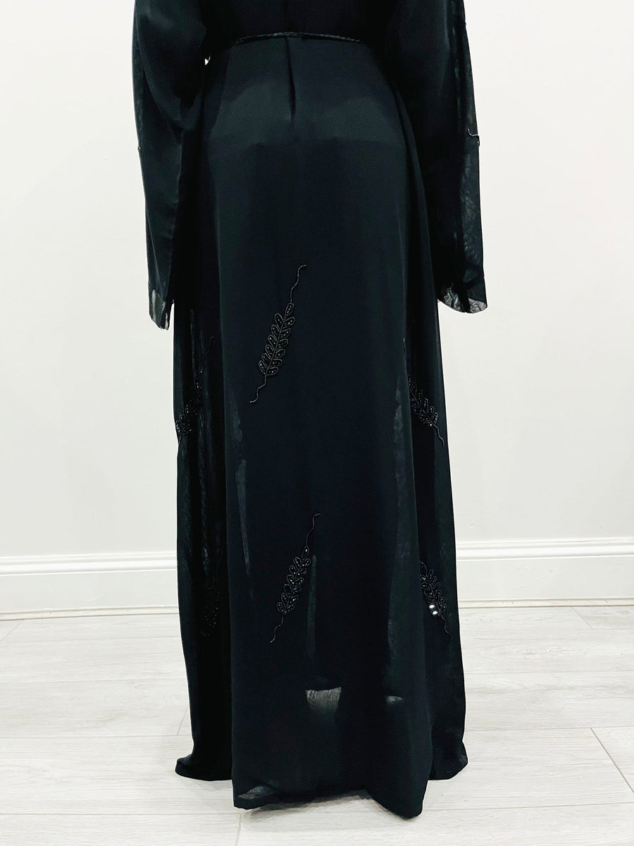 Close-up of the black beaded embellishment on the double chiffon abaya