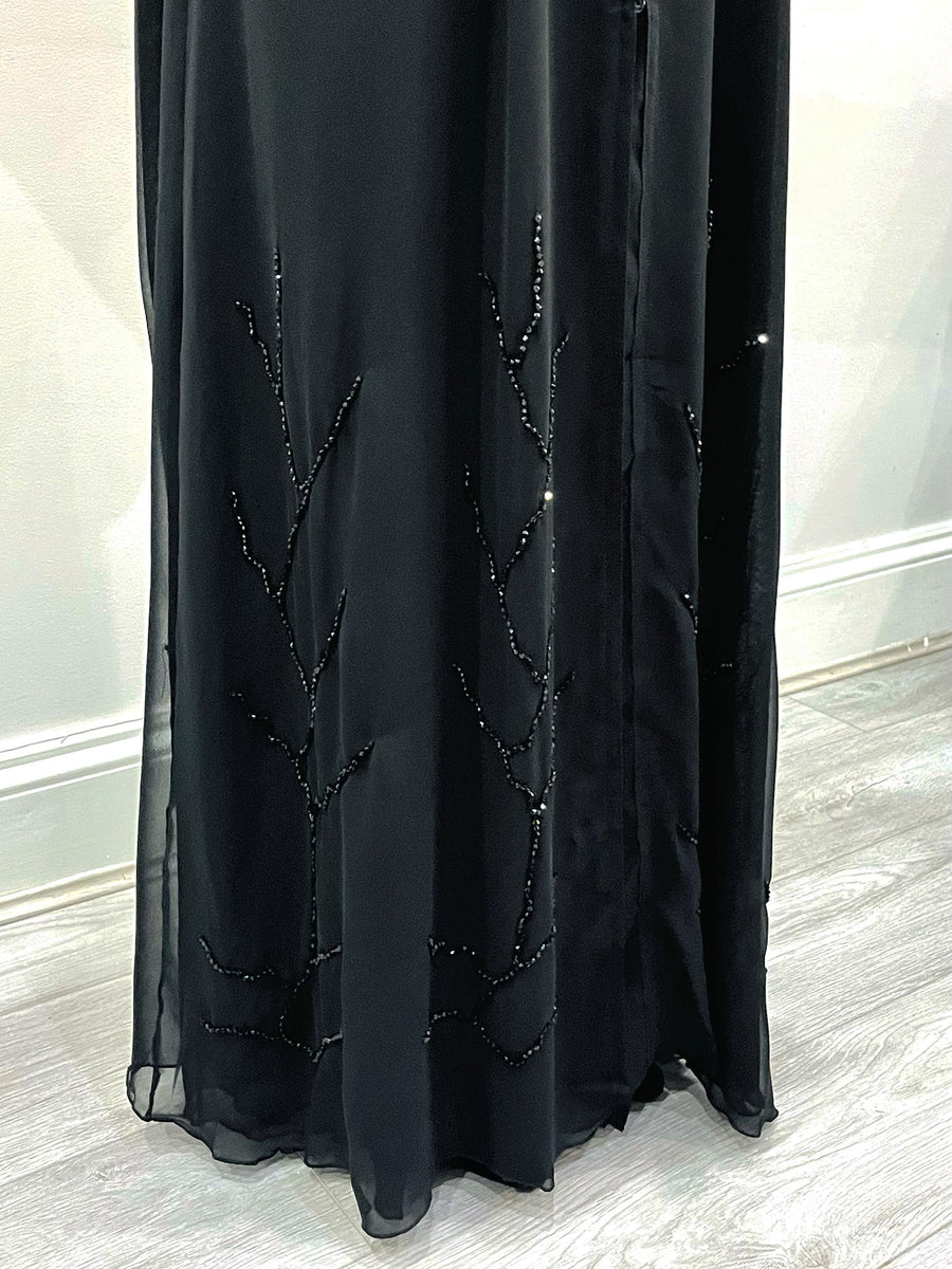Close-up of the black beaded detail on the chiffon abaya