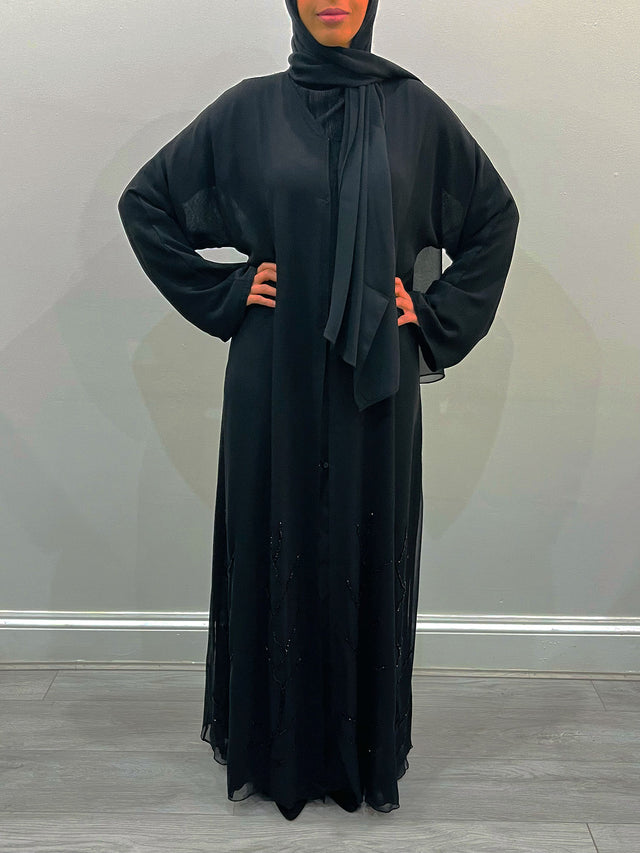 Amani's black embellished double chiffon open abaya with inner slip dress, front view