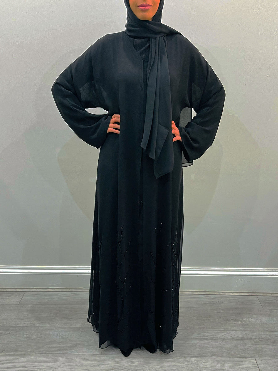 Amani's black embellished double chiffon open abaya with inner slip dress, front view