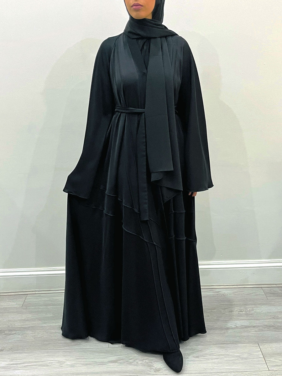 Black umbrella-cut open abaya with its matching hijab