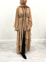Amani's caramel open abaya in chiffon with black beaded detail, front view