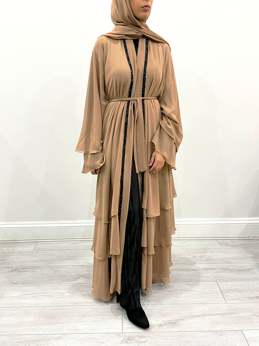 Amani's caramel open abaya in chiffon with black beaded detail, front view