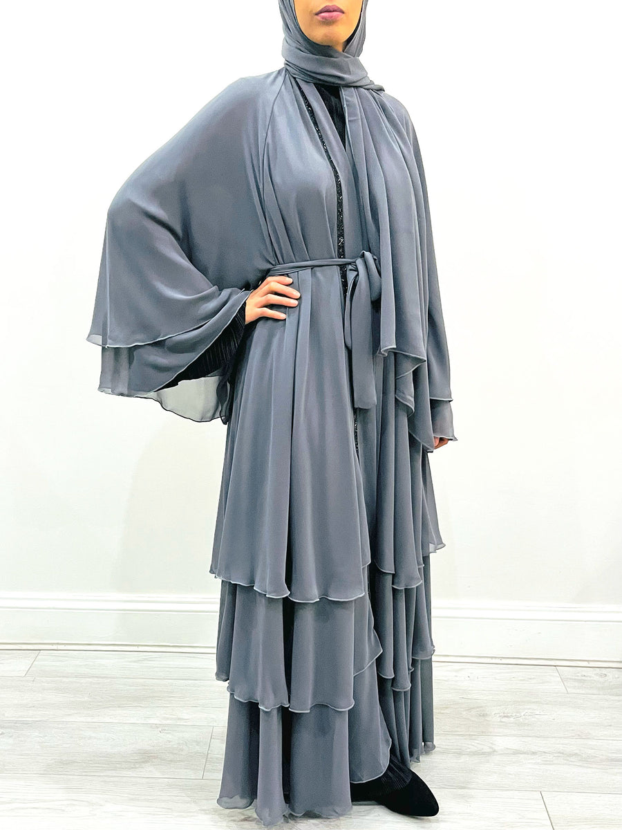 Amani's dolphin gray chiffon open abaya with black beaded detail, front view