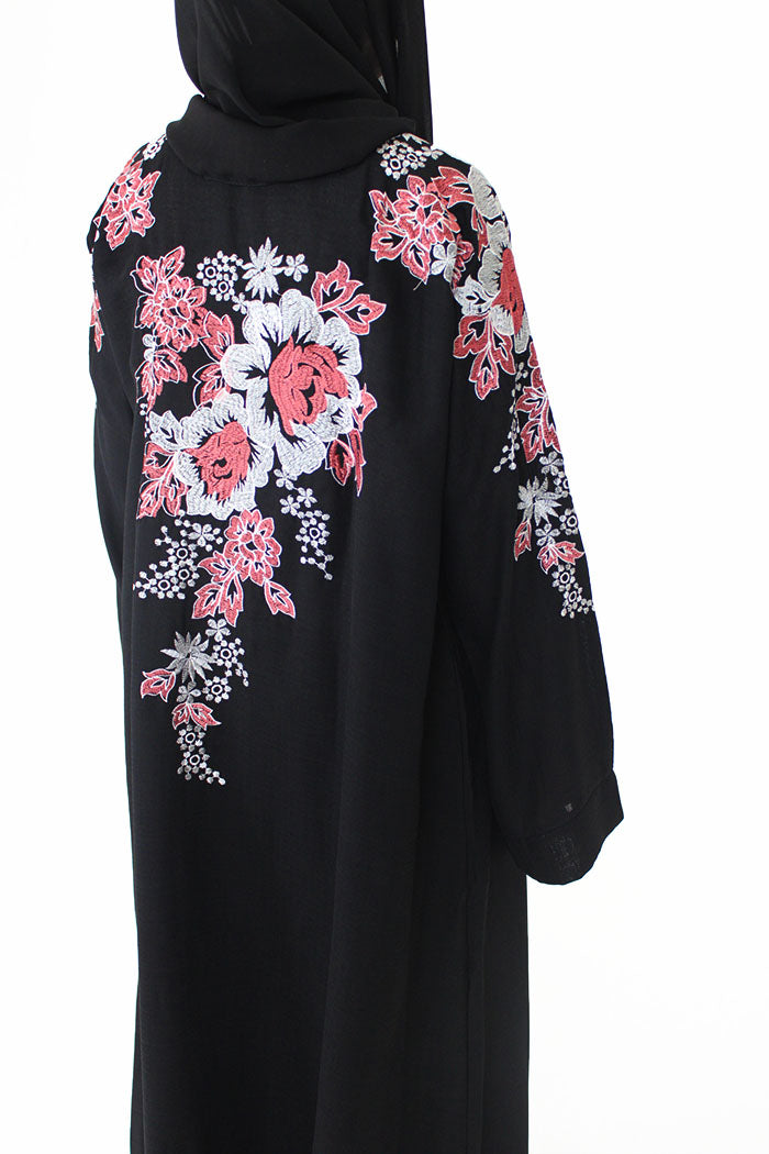 Black floral embroidery abaya belted at the waist