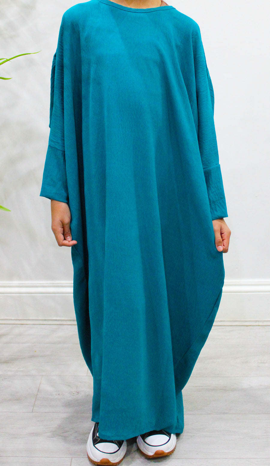 Amani's dark turquoise girls' abaya and khimar set in soft crepe