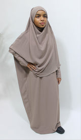 Mocha abaya and khimar set, front view