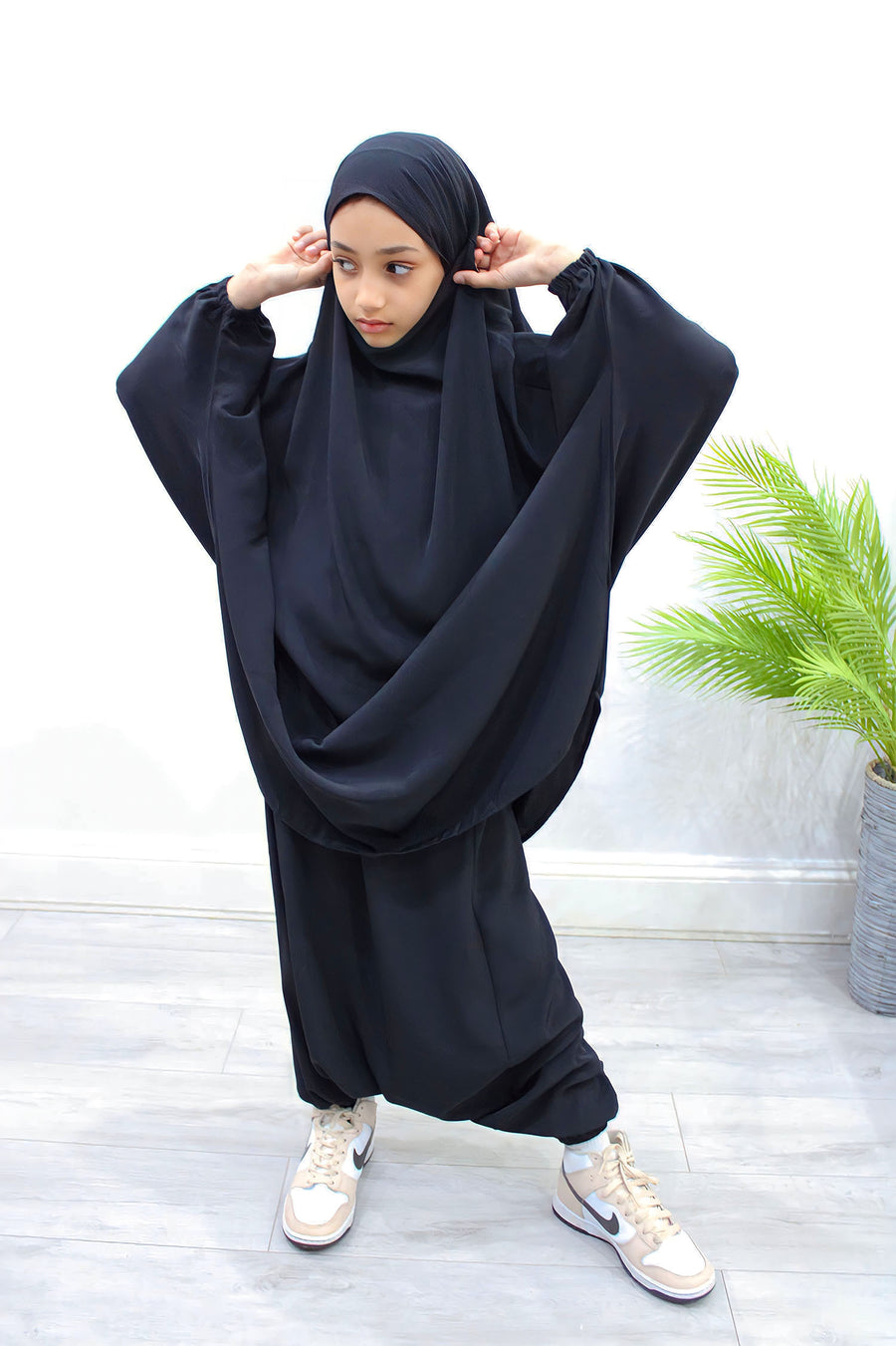 Black girls' overhead half-jilbab top with tie-back straps