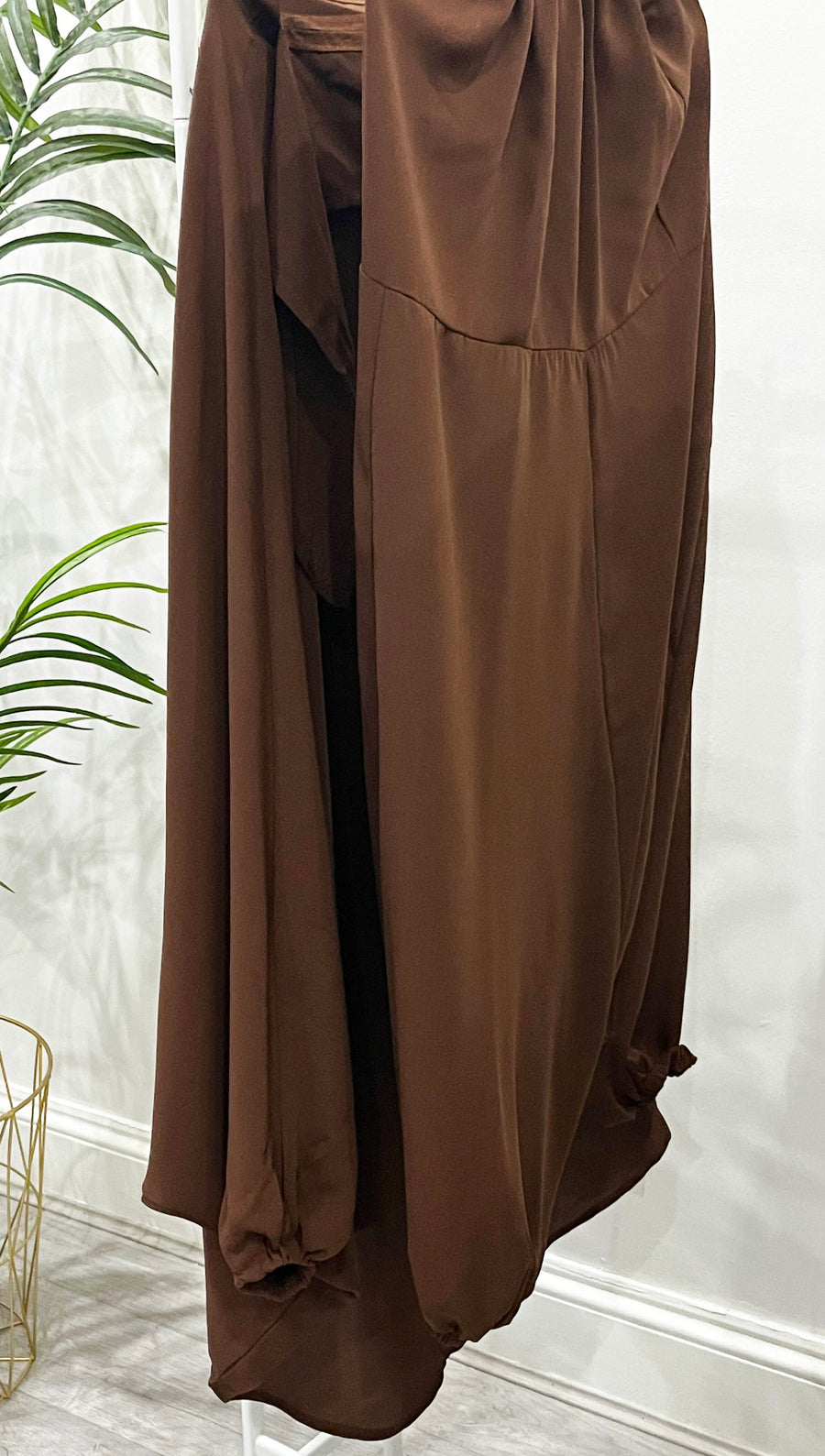 Amani's chocolate brown girls' sarouel jilbab in soft crepe, full view