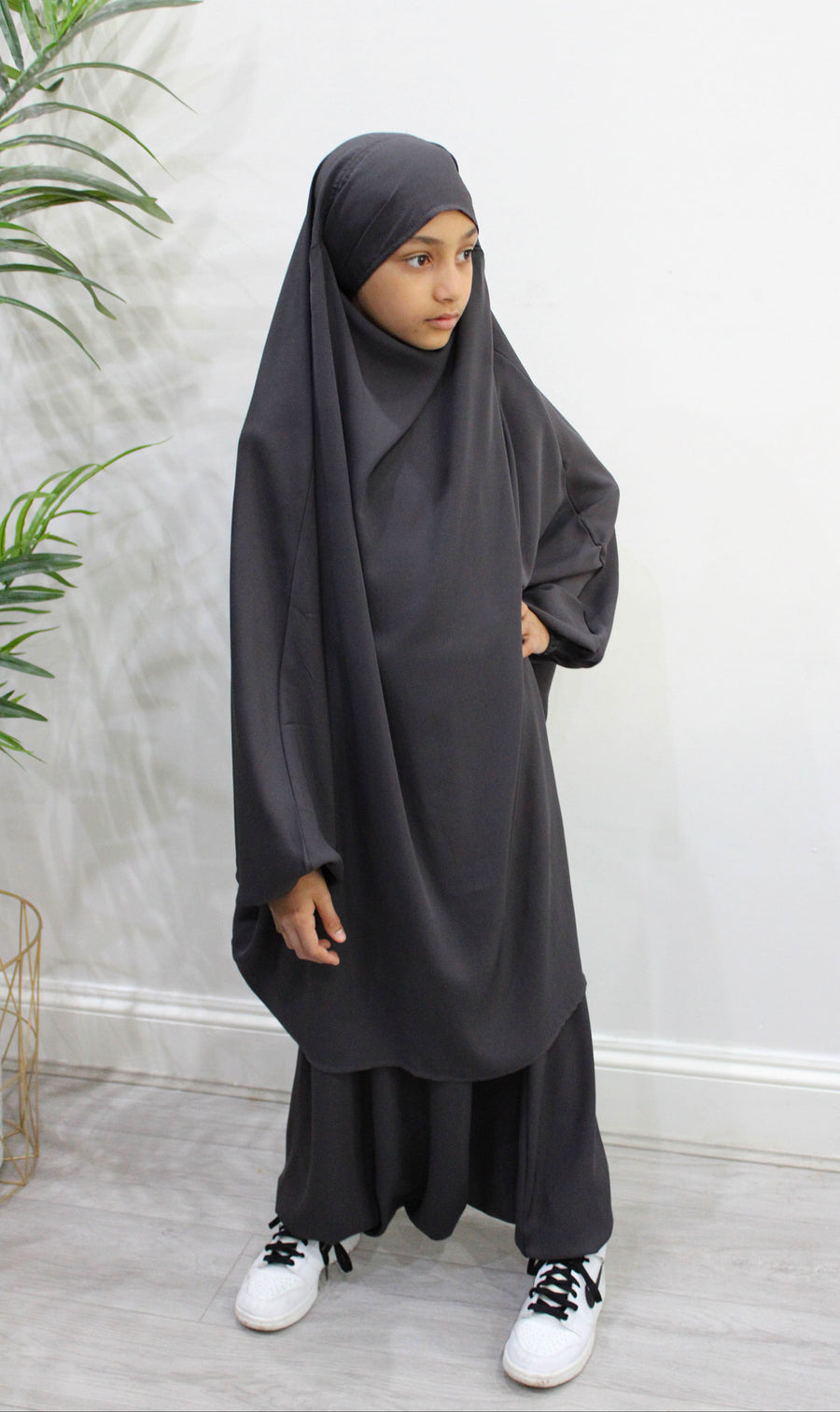 Amani's dark grey girls' sarouel jilbab in smooth crepe, full view