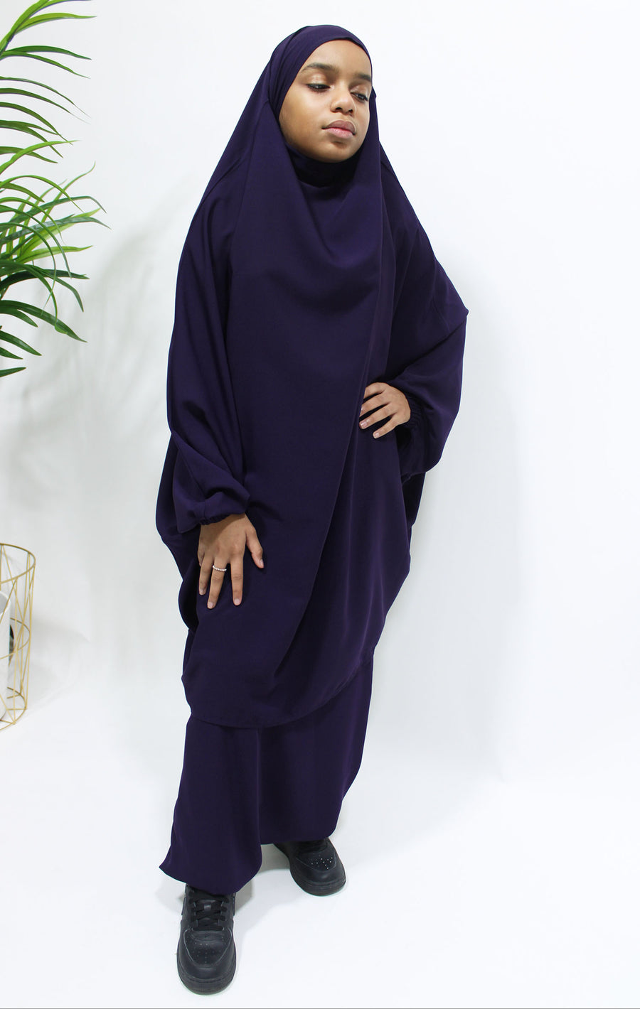 Dark indigo girls' half-jilbab top with tie-back straps
