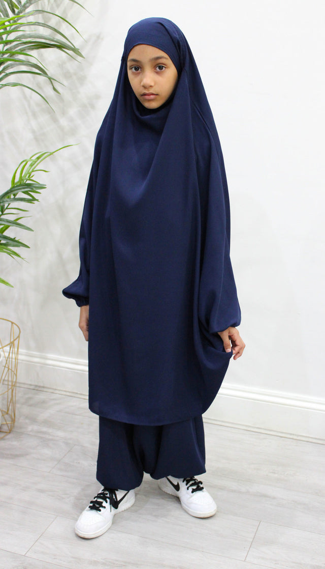 Navy girls' half-jilbab top with tie-back straps