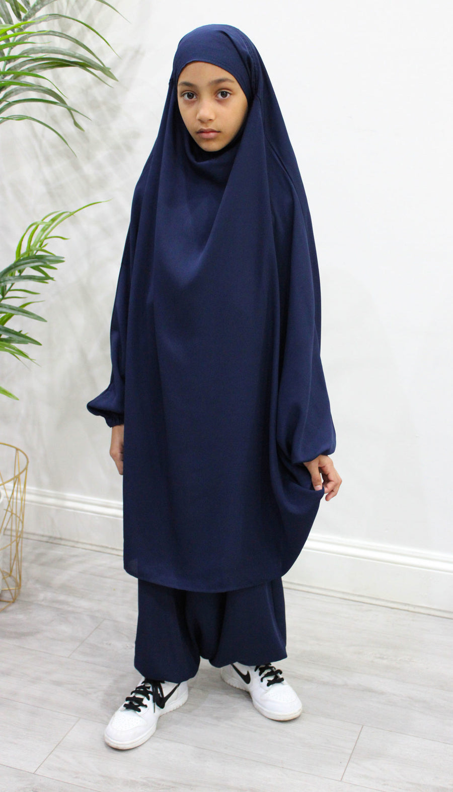 Navy girls' half-jilbab top with tie-back straps
