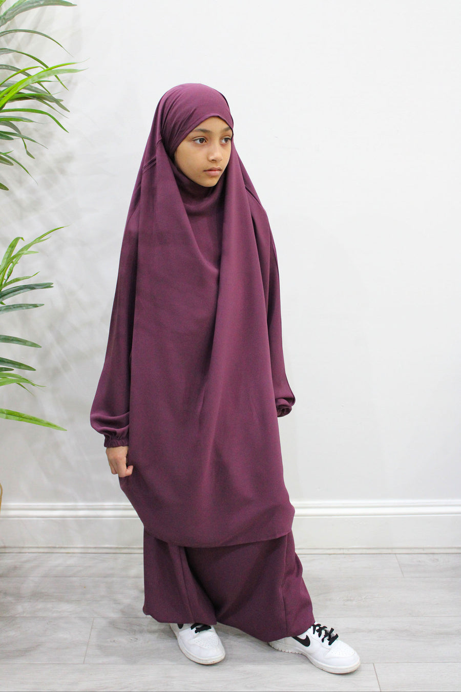 Plum girls' half-jilbab top with tie-back straps