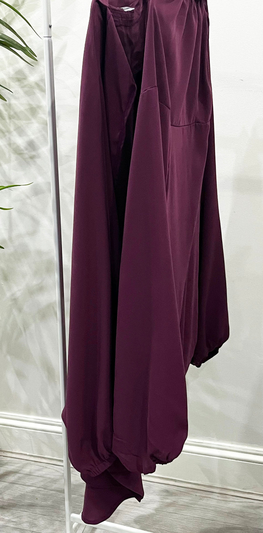 Amani's plum girls' sarouel jilbab in soft crepe, full look