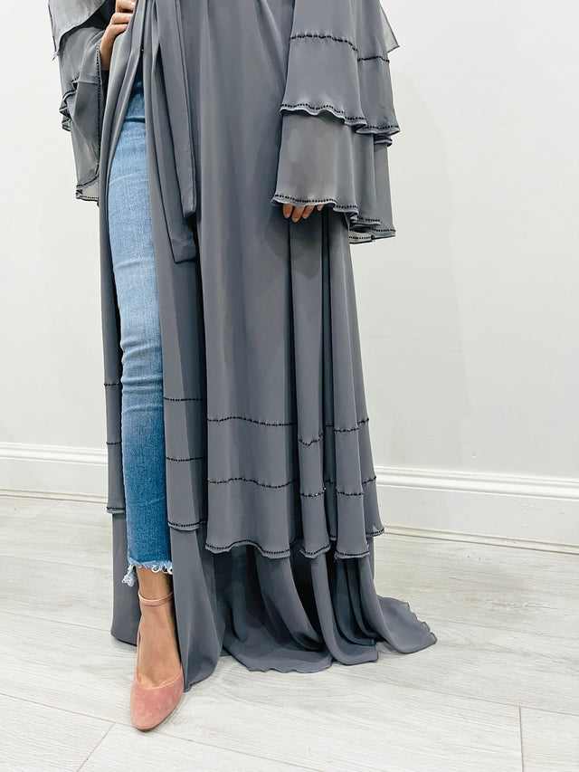 Grey layered chiffon open abaya with black beaded detail, front view