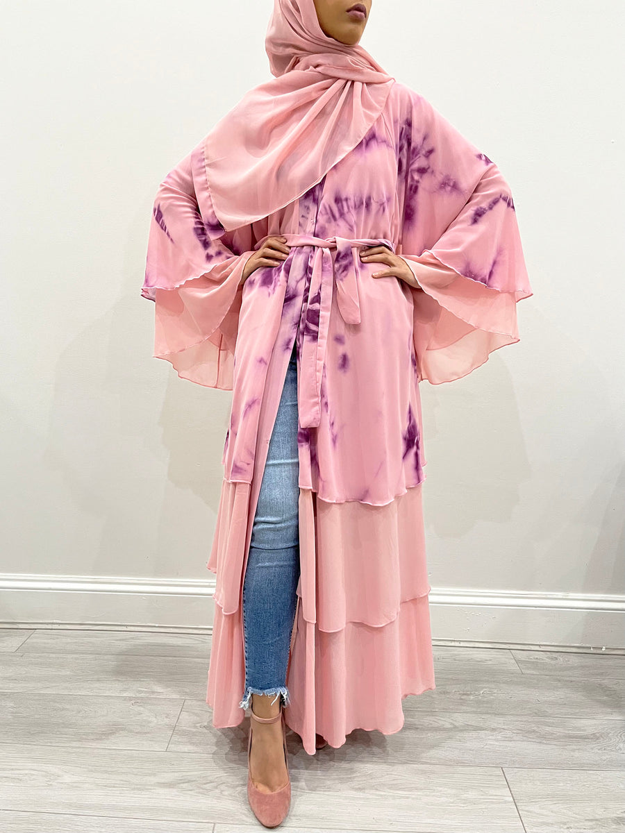 Pink lemonade tie-dye abaya showing the blended colour and layered drape