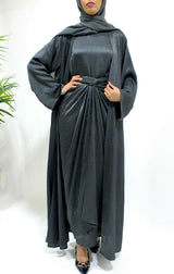 Anchor grey crushed satin four-piece open abaya set shown front-on with kimono abaya, inner dress and wrap skirt