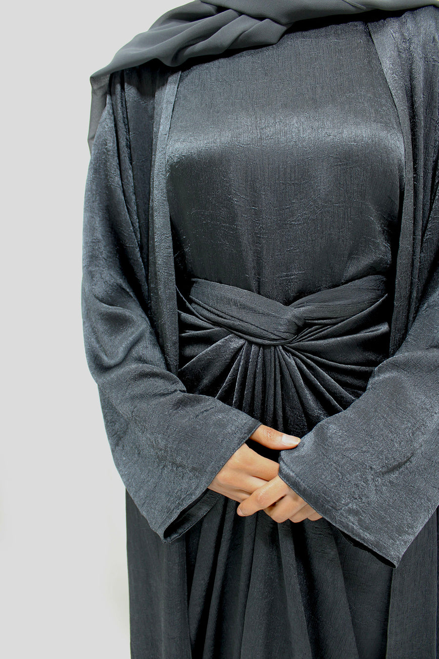 Anchor grey crushed satin abaya set styled with matching hijab for Eid and weddings