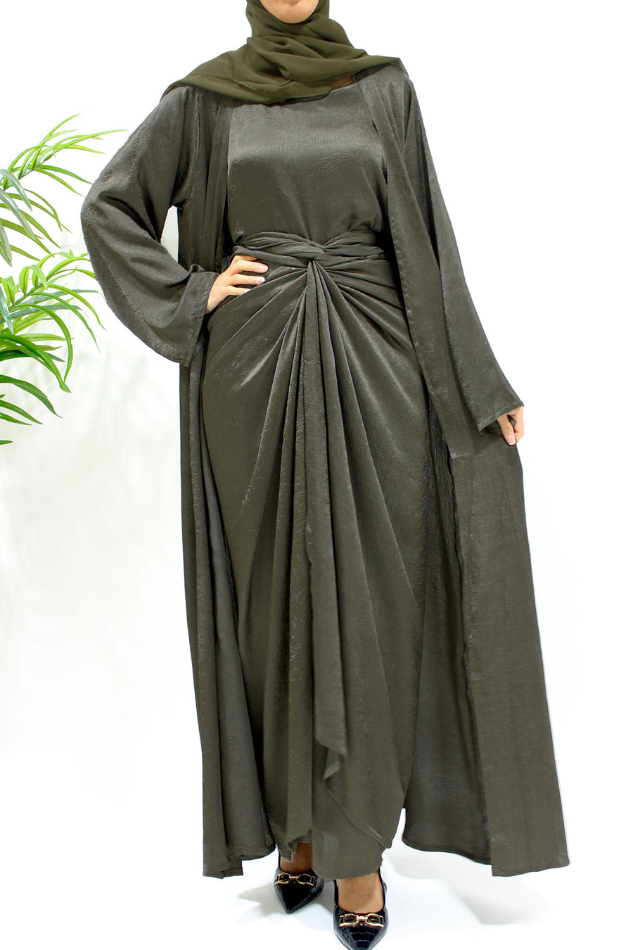 Army green crushed satin abaya set styled with matching hijab for Eid and events
