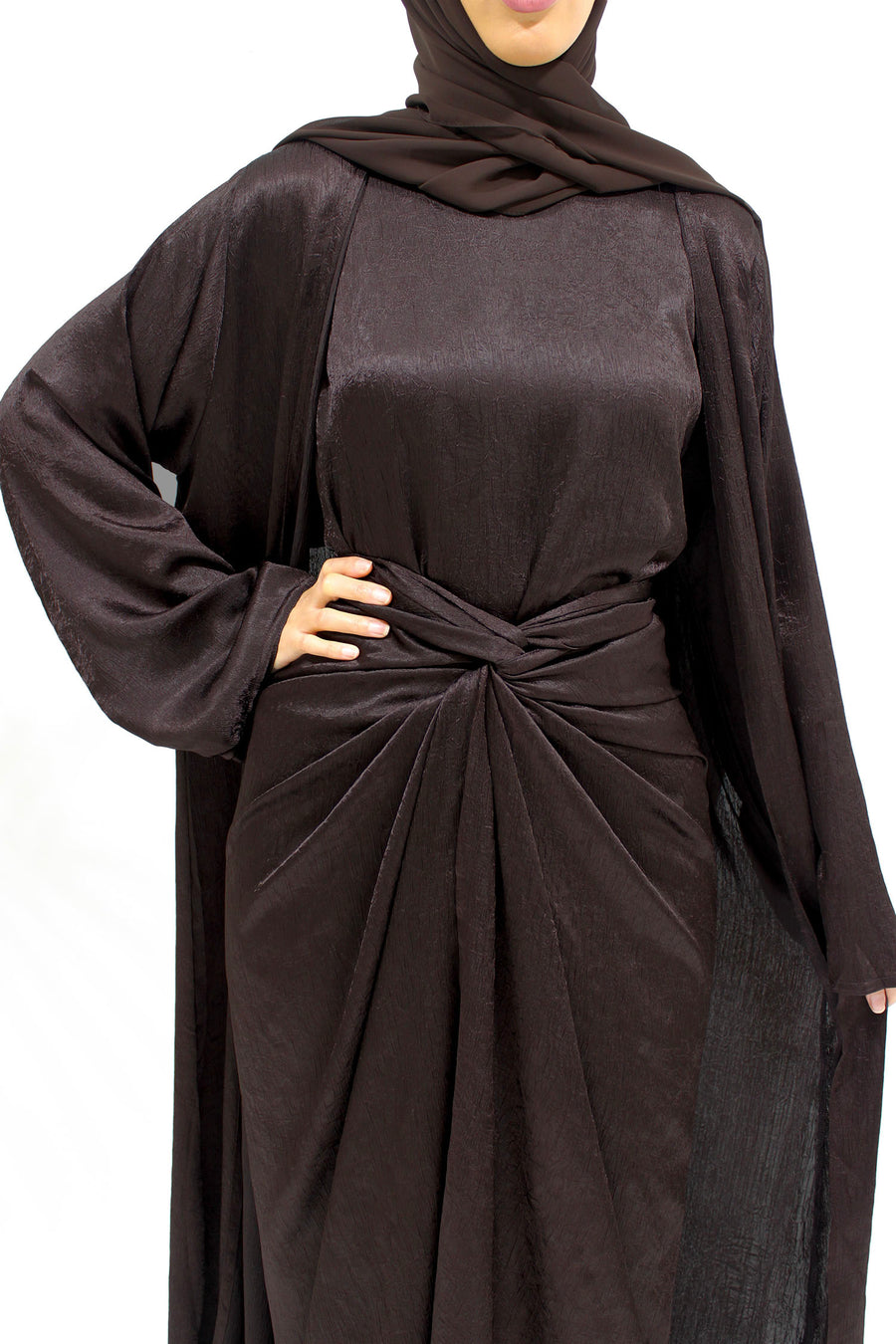 Full-length view of the dark brown crushed satin four-piece set styled with matching hijab