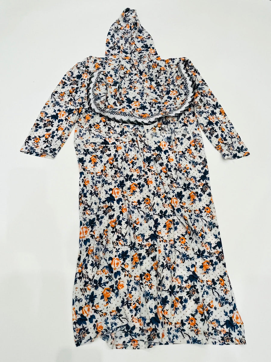 Egg shell white girls' jersey prayer dress with attached hijab, full-length view