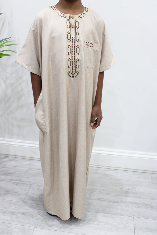 Amani's older boys beige Moroccan style thobe front view
